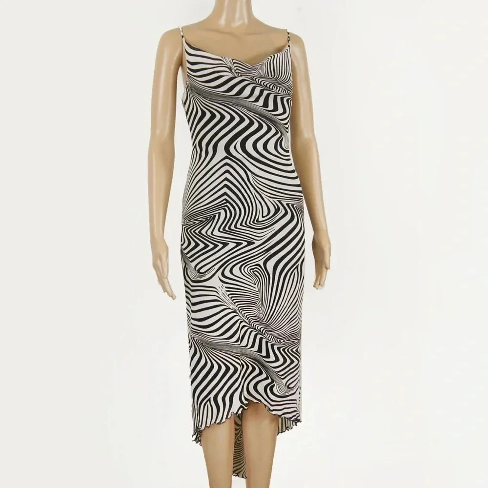 Vintage 90s Y2K White Black Stripe Abstract Line Print Asymmetrical Slip Dress